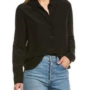 The kooples black silk lambs leather trim‎ button down blouse